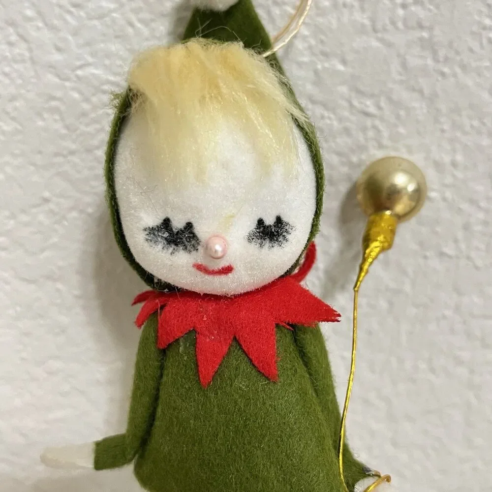 Vintage Flocked Felt Snow Baby Elf Christmas Ornaments Holding Balloons Lot of 2